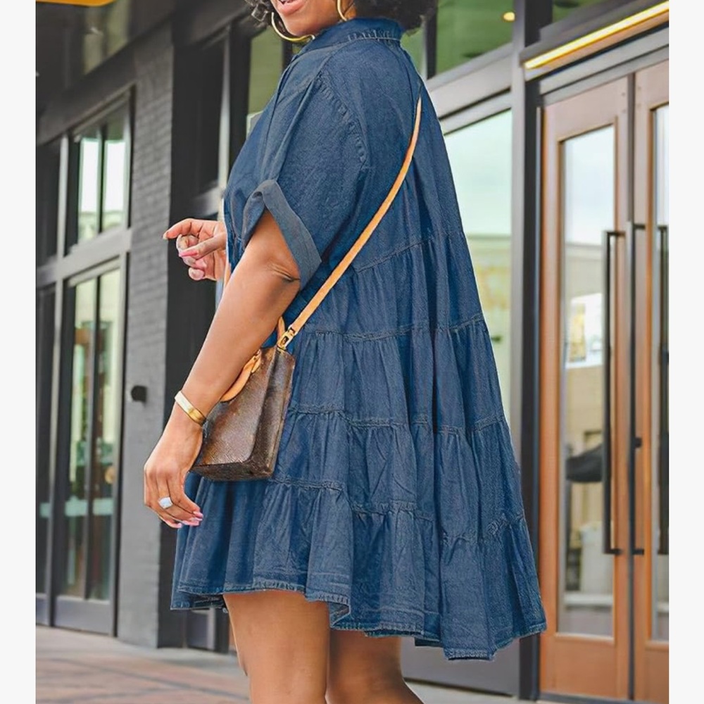 Denim Button-Front Short Sleeve Dress - Blue - Picture 2 of 4